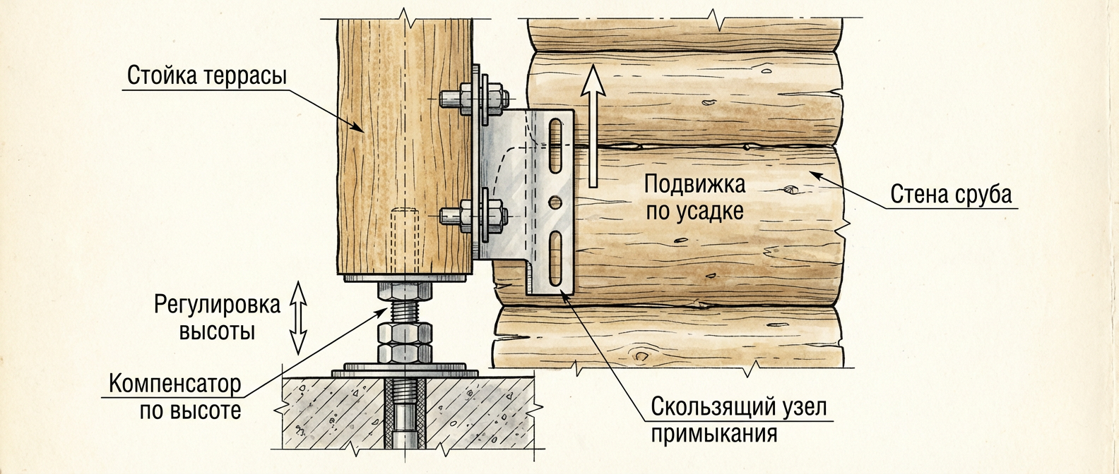 Схема 2: стойка террасы у стены сруба (компенсатор и скользящий узел примыкания)