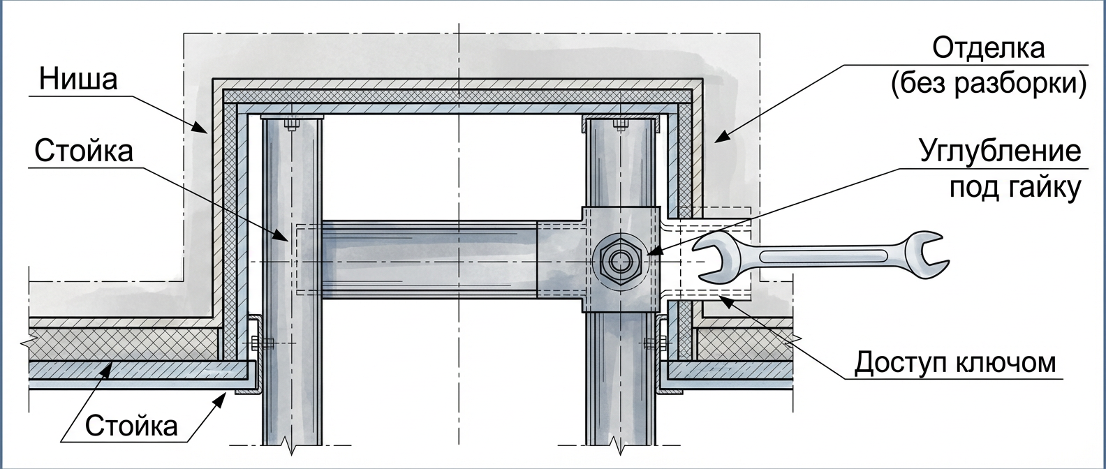 Схема 3: установка в нише стойки (углубление под гайку и доступ ключом)