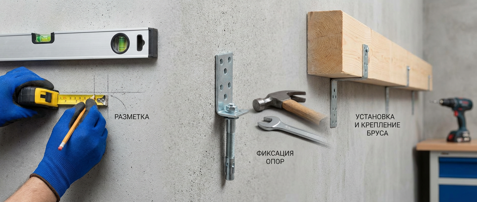 Монтаж опоры бруса на бетон: разметка и крепление