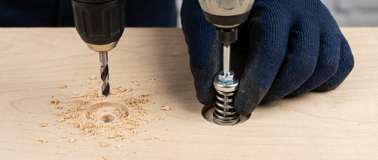 Установка пружинного узла Сила: сверление посадочного места и закручивание до сжатия пружины