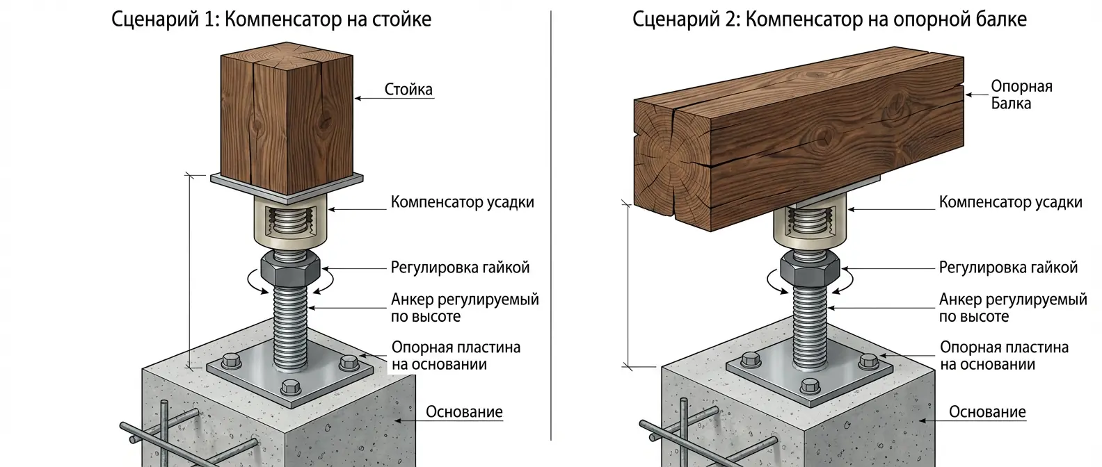 Схема 1: компенсатор усадки под стойкой (вид сбоку)