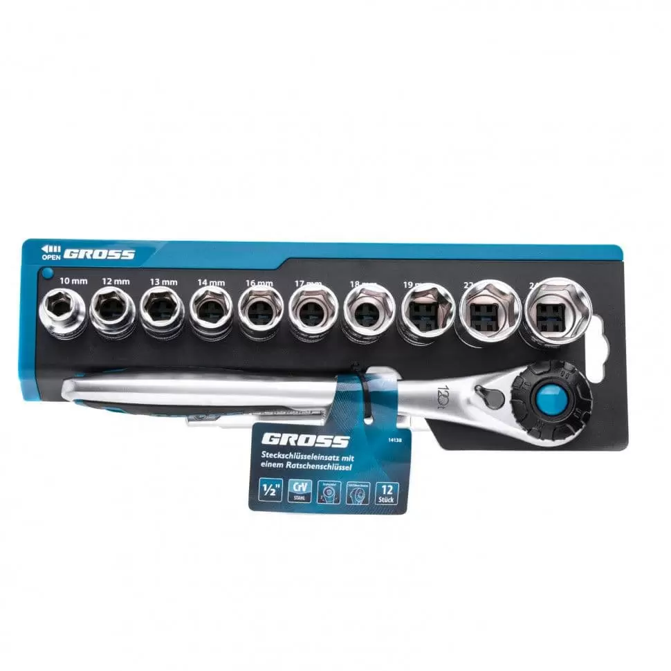 Набор торцевых головок, трещотка 120 зубьев, 12 предметов, 1/2", CrV Gross: купить оптом и в розницу в интернет магазине Сталь Крепеж - размеры, цены, характеристики. Набор торцевых головок, трещотка 120 зубьев, 12 предметов, 1/2", CrV Gross оптом и в розницу на сайте Сталь Крепеж