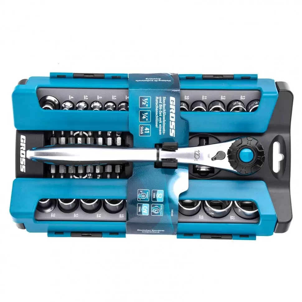 Набор торцевых головок, трещотка 120 зубьев, 41 предмет, 1/2", 1/4", CrV Gross: купить оптом и в розницу в интернет магазине Сталь Крепеж - размеры, цены, характеристики. Набор торцевых головок, трещотка 120 зубьев, 41 предмет, 1/2", 1/4", CrV Gross оптом и в розницу на сайте Сталь Крепеж