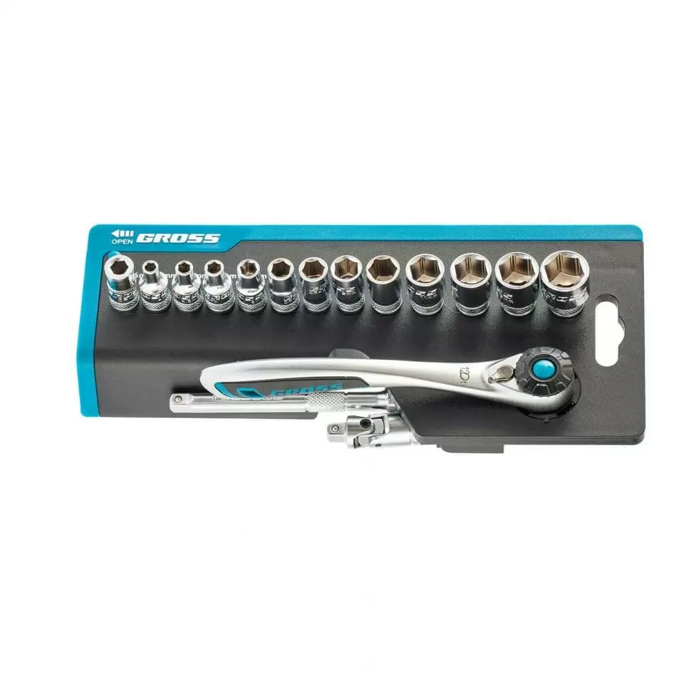 Набор торцевых головок, трещотка 120 зубьев, 36 предметов, 1/4", CrV Gross оптом и в розницу на сайте Сталь Крепеж