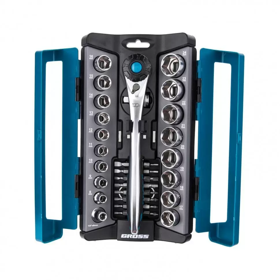 Набор торцевых головок, трещотка 120 зубьев, 36 предметов, 1/2", 3/8”, CrV Gross оптом и в розницу на сайте Сталь Крепеж