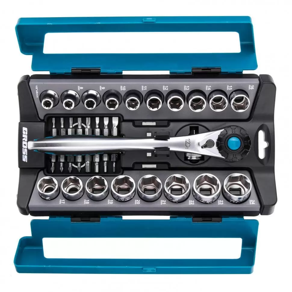 Набор торцевых головок, трещотка 120 зубьев, 36 предметов, 1/2", CrV Gross оптом и в розницу на сайте Сталь Крепеж