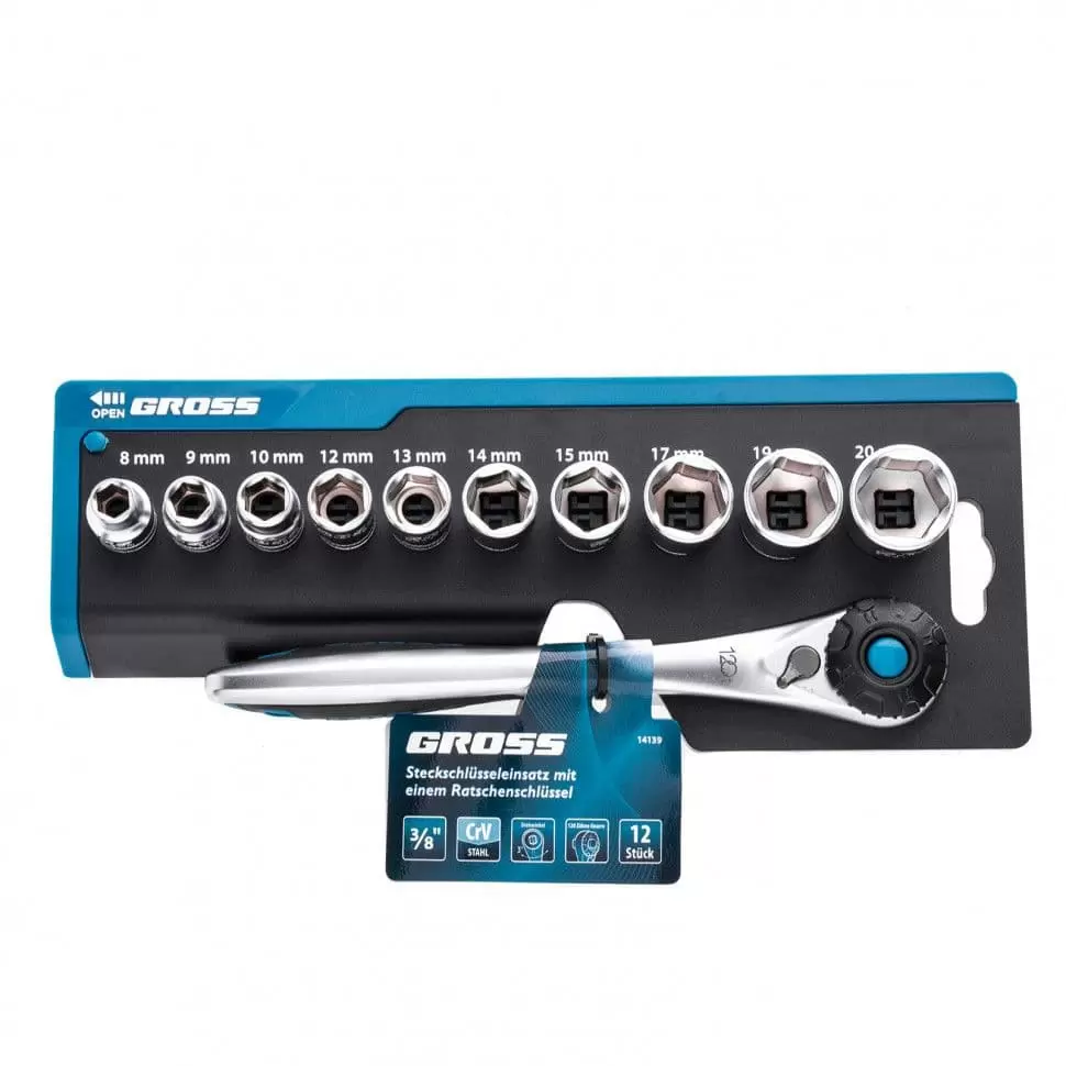 Набор торцевых головок, трещотка 120 зубьев, 12 предметов, 3/8", CrV Gross: купить оптом и в розницу в интернет магазине Сталь Крепеж - размеры, цены, характеристики. Набор торцевых головок, трещотка 120 зубьев, 12 предметов, 3/8", CrV Gross оптом и в розницу на сайте Сталь Крепеж