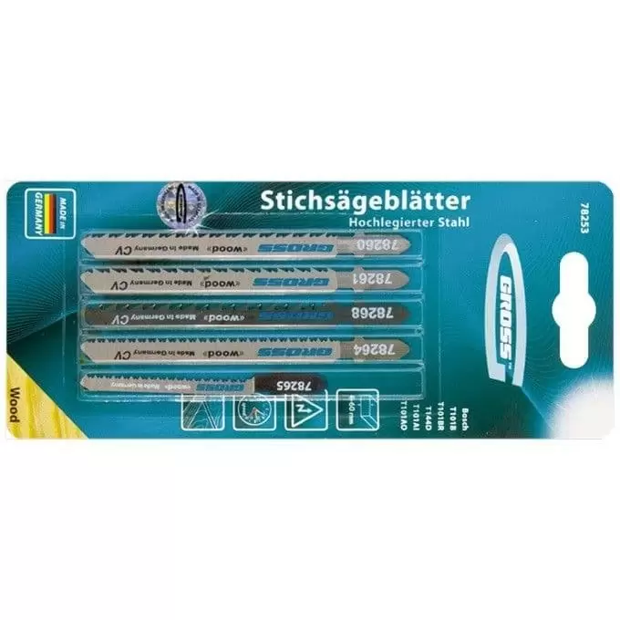 Набор полотен для электролобзика по дереву, 5 шт Gross: купить оптом и в розницу в интернет магазине Сталь Крепеж - размеры, цены, характеристики. Набор полотен для электролобзика по дереву, 5 шт Gross оптом и в розницу на сайте Сталь Крепеж