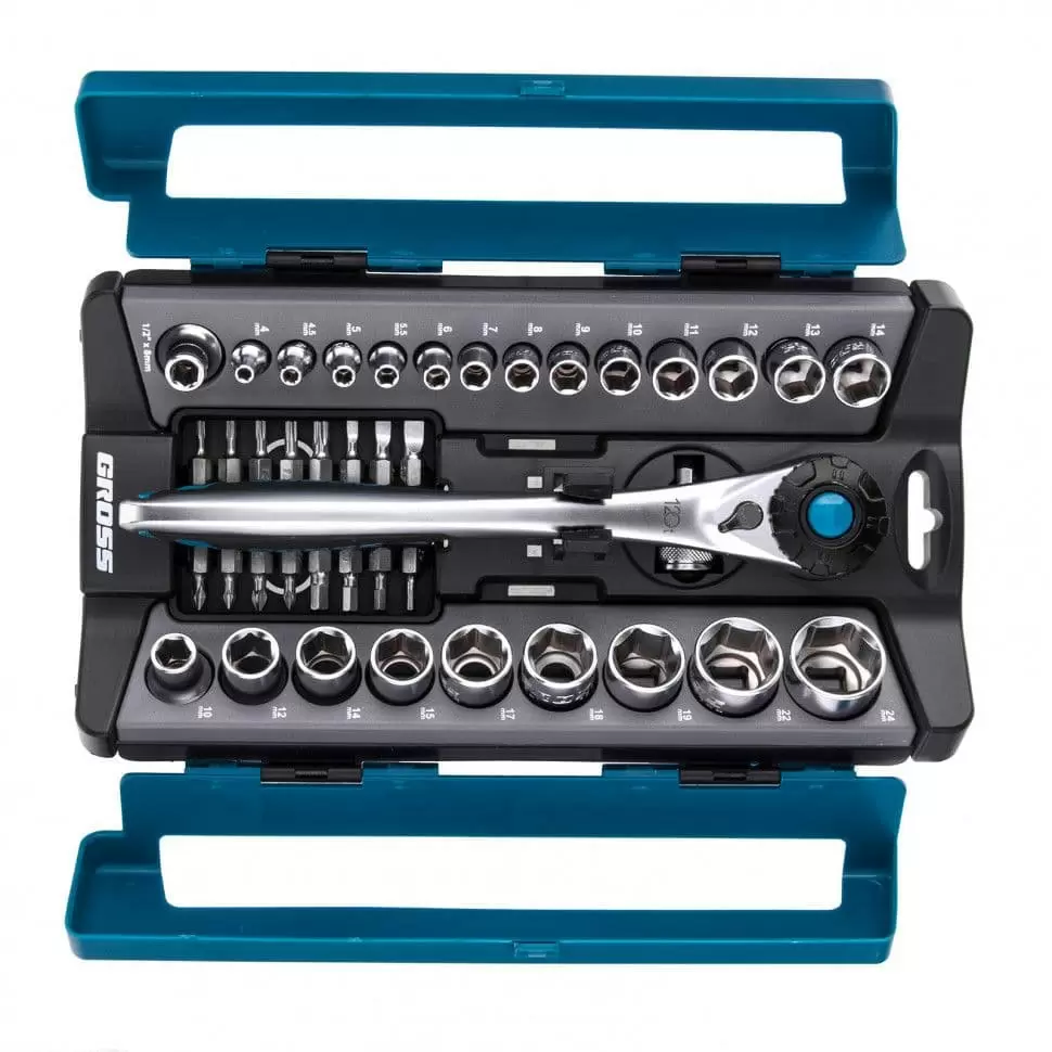 Набор торцевых головок, трещотка 120 зубьев, 41 предмет, 1/2", 1/4", CrV Gross оптом и в розницу на сайте Сталь Крепеж