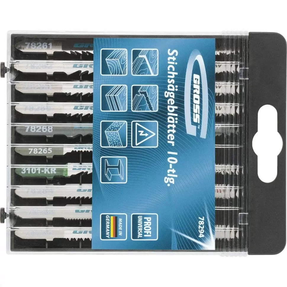 Набор полотен для электролобзика универсальный, 10 шт, Profi, пластиковый кейс Gross: купить оптом и в розницу в интернет магазине Сталь Крепеж - размеры, цены, характеристики. Набор полотен для электролобзика универсальный, 10 шт, Profi, пластиковый кейс Gross оптом и в розницу на сайте Сталь Крепеж