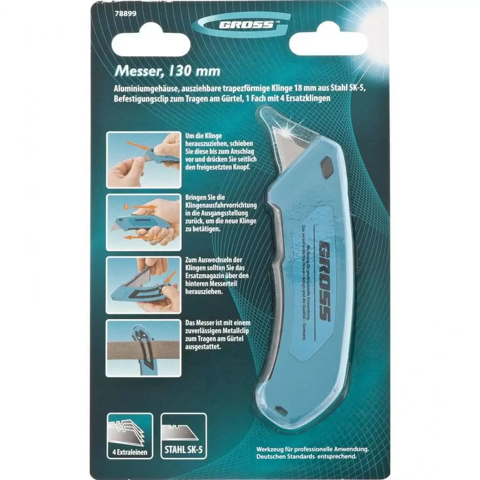 Нож, 130 мм, алюминиевый корпус, выдвижное трапециевидное лезвие 18 мм (SK-5), клипса для ремня, 4 лезвия Gross: купить оптом и в розницу в интернет магазине Сталь Крепеж - размеры, цены, характеристики. Нож, 130 мм, алюминиевый корпус, выдвижное трапециевидное лезвие 18 мм (SK-5), клипса для ремня, 4 лезвия Gross оптом и в розницу на сайте Сталь Крепеж