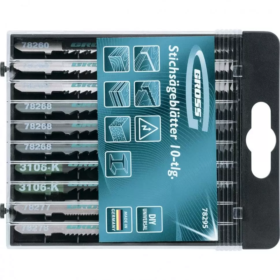Набор полотен для электролобзика универсальный, 10 шт, DIY, пластиковый кейс Gross: купить оптом и в розницу в интернет магазине Сталь Крепеж - размеры, цены, характеристики. Набор полотен для электролобзика универсальный, 10 шт, DIY, пластиковый кейс Gross оптом и в розницу на сайте Сталь Крепеж