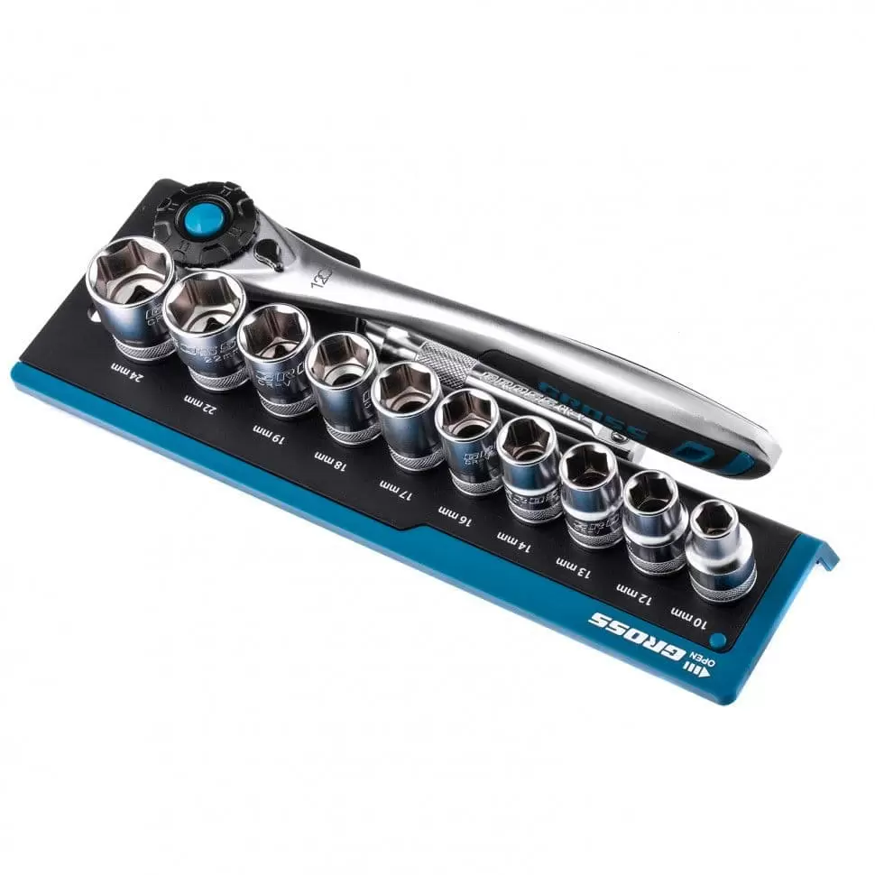 Набор торцевых головок, трещотка 120 зубьев, 12 предметов, 1/2", CrV Gross оптом и в розницу на сайте Сталь Крепеж
