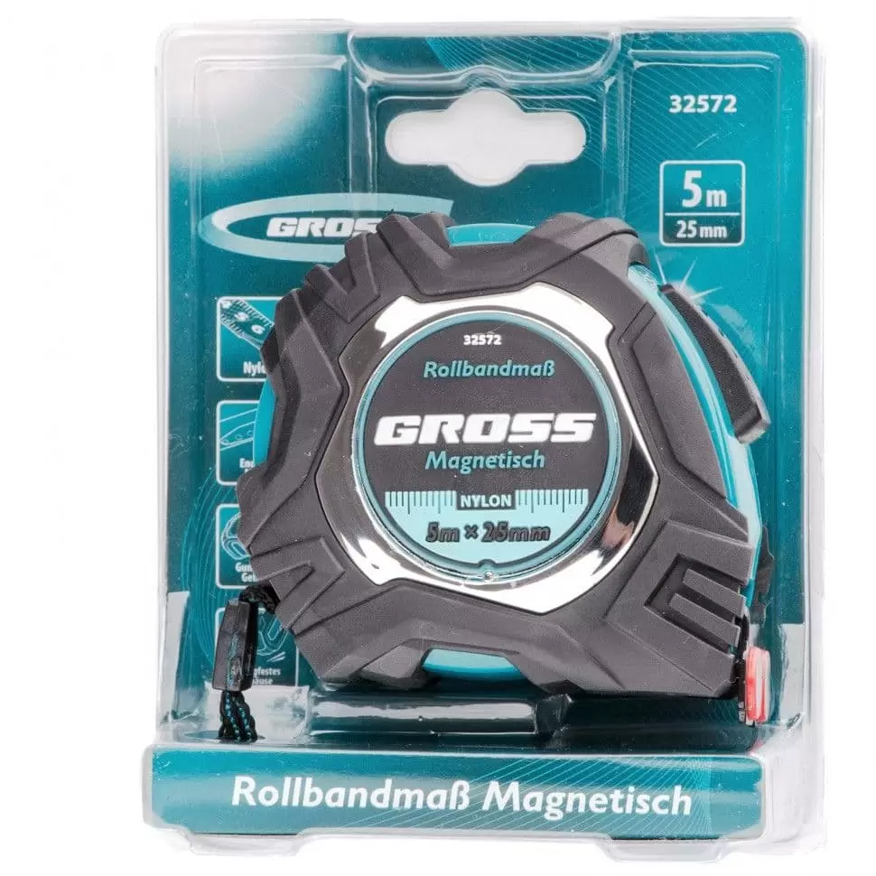 Рулетка Magnetisch 5 м х 25 мм, обрезиненный корпус, автоматическая фиксация, Нейлоновое покрытиеытие, зацеп с магнитом Gross: купить оптом и в розницу в интернет магазине Сталь Крепеж - размеры, цены, характеристики. Рулетка Magnetisch 5 м х 25 мм, обрезиненный корпус, автоматическая фиксация, Нейлоновое покрытиеытие, зацеп с магнитом Gross оптом и в розницу на сайте Сталь Крепеж