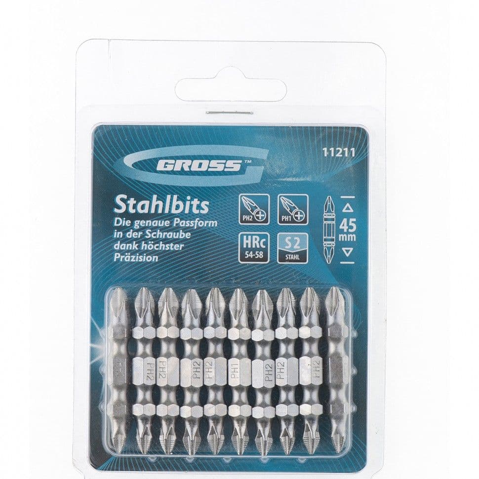 Набор бит двухсторонних, PH2-PH1 х 45 мм, сталь S2, 10 шт. Gross: купить оптом и в розницу в интернет магазине Сталь Крепеж - размеры, цены, характеристики. Набор бит двухсторонних, PH2-PH1 х 45 мм, сталь S2, 10 шт. Gross оптом и в розницу на сайте Сталь Крепеж