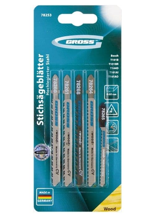 Набор полотен для электролобзика по дереву, 5 шт Gross: купить оптом и в розницу в интернет магазине Сталь Крепеж - размеры, цены, характеристики. Набор полотен для электролобзика по дереву, 5 шт Gross оптом и в розницу на сайте Сталь Крепеж