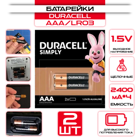 Батарейки щелочные (алкалиновые) Duracell Basic АAА, 1,5В, 2шт (мизинчиковые) оптом и в розницу на сайте Сталь Крепеж